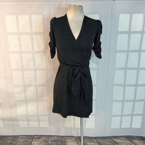 Veronica M short ruched sleeves black and white polka dot wrap dress size small